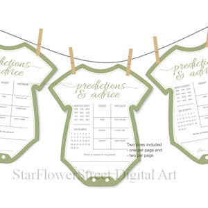 Prédictions pour bébé vert olive Cartes imprimables pour baby shower Guirlande d'activités Body non-sexe Décoration de jeu Bruants de verdure
