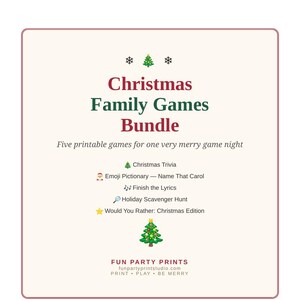 Jullekpaket utskrivbart, 5 familjejulfestspel, jultrivia med emoji-pictionary, skattjakt, direktnedladdning i PDF-format bild 1
