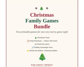 Ensemble de jeux de Noël à imprimer, 5 jeux pour une fête de Noël en famille, quiz de Noël, jeu de piste Pictionary avec des émojis, téléchargement PDF instantané