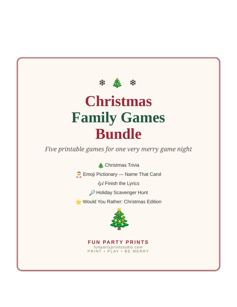 Jullekpaket utskrivbart, 5 familjejulfestspel, jultrivia med emoji-pictionary, skattjakt, direktnedladdning i PDF-format bild 1