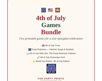 Pack de jeux imprimables pour le 4 juillet : 5 jeux patriotiques, quiz, emoji, Pictionary, chasse aux trésors, téléchargement instantané PDF