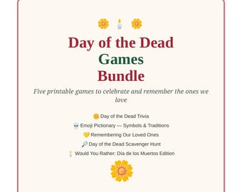 Ensemble de jeux imprimables pour la Fête des Morts, 5 jeux de fête Dia de los Muertos, Trivia Emoji Pictionary, Chasse au trésor, Téléchargement PDF instantané