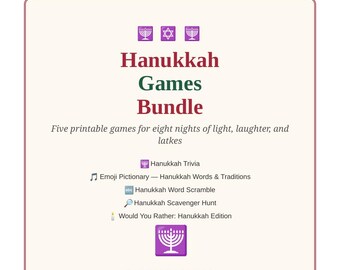 Ensemble de jeux de Hanoukka à imprimer, 5 jeux pour une fête de Hanoukka : quiz, emoji, Pictionary, mots mêlés, chasse au trésor. Téléchargement PDF instantané.