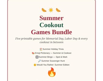 Ensemble de jeux imprimables pour barbecue d'été, 5 jeux pour la fête du Travail (Memorial Day), Trigo Emoji Pictionary Bingo, Téléchargement PDF instantané