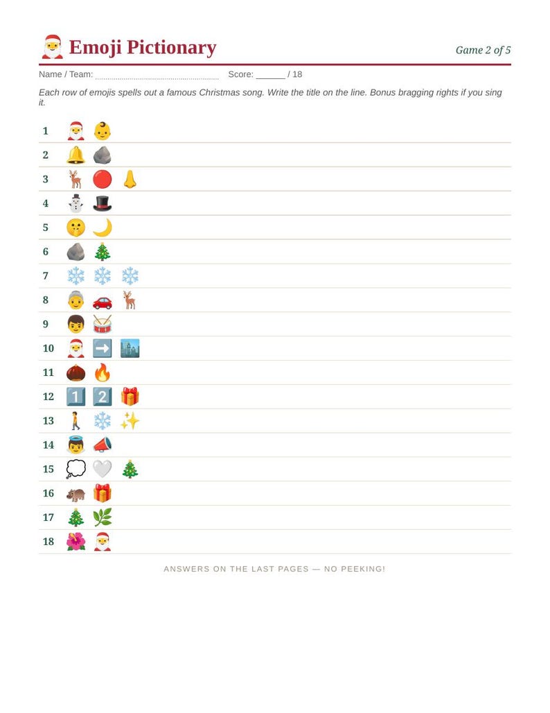 Jullekpaket utskrivbart, 5 familjejulfestspel, jultrivia med emoji-pictionary, skattjakt, direktnedladdning i PDF-format bild 4