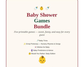 Lot de jeux à imprimer pour baby shower : 5 jeux, quiz sur bébé, émojis, Pictionary, vœux et prédictions. Téléchargement PDF instantané.