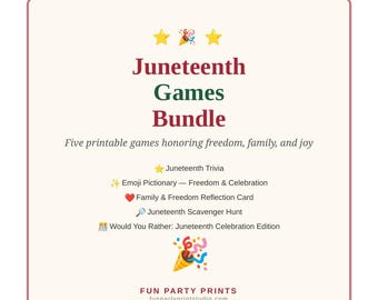 Ensemble de jeux imprimables pour Juneteenth, 5 jeux pour une fête de Juneteenth, un jeu de questions-réponses avec des émojis et une chasse au trésor, téléchargement PDF instantané