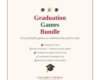 Pack de jeux de remise de diplômes à imprimer, 5 jeux pour une fête de fin d'études, Pictionary d'émojis et quiz, prédictions et conseils pour le diplômé, téléchargement instantané