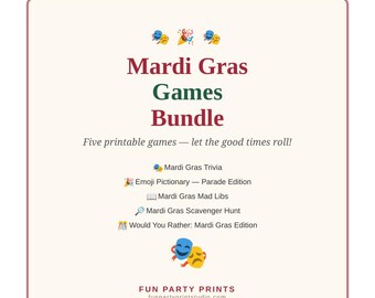 Ensemble de jeux de Mardi Gras à imprimer, 5 jeux pour la fête du Mardi Gras, quiz, emoji, Pictionary, Mad Libs, chasse au trésor, téléchargement PDF instantané
