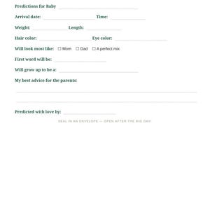 May include: A white paper game sheet titled Baby Predictions & Advice with a crystal ball icon. It includes fields for arrival date, time, weight, length, hair and eye color, appearance, first word, future career, and advice for parents.