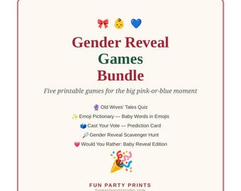 Gender Reveal Games Bundle Printable, 5 Gender Reveal Party Games, Old Wives Tales Quiz, Cast Your Vote, Emoji Pictionary, Instant Download