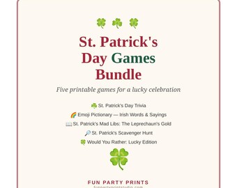 Pack de jeux imprimables pour la Saint-Patrick : 5 jeux de société, quiz, emoji, Pictionary, Mad Libs et chasse au trésor. Téléchargement PDF instantané.