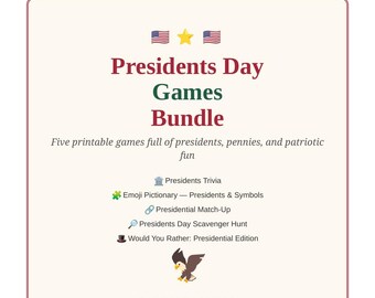 Ensemble de jeux imprimables pour la fête des présidents : 5 jeux historiques, jeu de questions-réponses, jeu d'association d'émojis, téléchargement instantané au format PDF