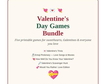 Pack de jeux imprimables pour la Saint-Valentin : 5 jeux pour une fête de la Saint-Valentin, quiz, emojis, Pictionary, chansons d'amour. Téléchargement PDF instantané.
