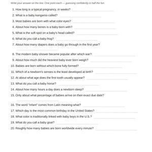 May include: A white paper Baby Trivia game sheet with a baby bottle icon, the title Baby Trivia, and Game 1 of 5. It includes fields for Name, Team, and Score, followed by twenty numbered questions about babies and pregnancy with lines for answers.