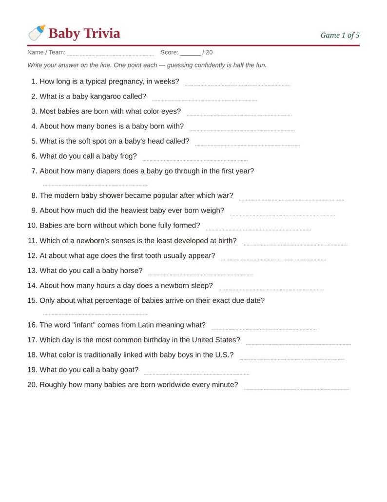May include: A white paper Baby Trivia game sheet with a baby bottle icon, the title Baby Trivia, and Game 1 of 5. It includes fields for Name, Team, and Score, followed by twenty numbered questions about babies and pregnancy with lines for answers.