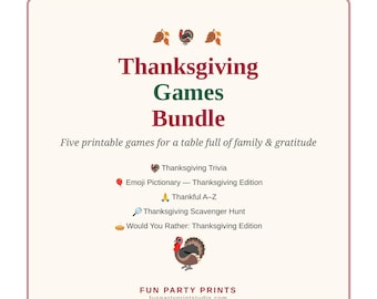 Ensemble de jeux de Thanksgiving à imprimer, 5 jeux pour une fête de Thanksgiving, quiz familial, Pictionary avec des émojis, liste de mots « Merci » (A-Z), téléchargement instantané PDF