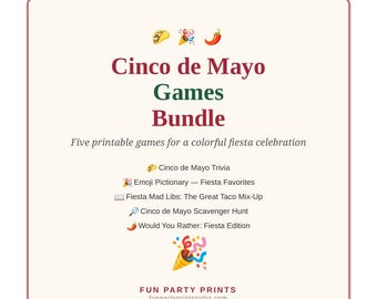 Pack de jeux imprimables pour le Cinco de Mayo : 5 jeux pour une fête fiesta, Mad Libs, quiz, Pictionary et chasse au trésor avec des émoticônes. Téléchargement PDF instantané.