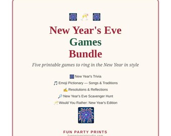 Pack de jeux imprimables pour le réveillon du Nouvel An, 5 jeux pour fêter le Nouvel An, quiz, émojis, résolutions, téléchargement PDF instantané