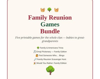 Family Reunion Games Bundle Printable, 5 Family Reunion Party Games, Find Someone Who Bingo, Trivia Emoji Pictionary, Instant Download PDF