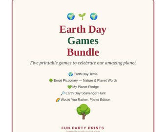 Ensemble de jeux imprimables pour la Journée de la Terre, 5 jeux pour une fête sur le thème de la Terre, quiz nature, jeu de piste Pictionary avec des émojis, téléchargement PDF instantané