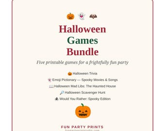 Pack de jeux d'Halloween à imprimer, 5 jeux pour une fête d'Halloween : Quiz, Emoji Pictionary, Mad Libs et Chasse au trésor. Téléchargement PDF instantané.