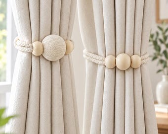 Magnetische gordijnbinders van houten kralen, gevlochten touwbinders zonder boren, geweven ballen of natuurlijke houten kralen, neutrale boho raamdecoratie