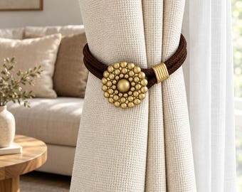 Gold Beaded Flower Curtain Tieback, Brown Braided Rope Drapery Holdback, Decorative Window Curtain Accessory for Living Room Bedroom Decor