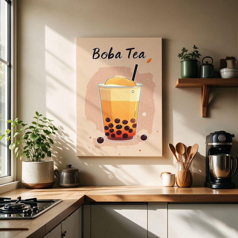Boba Tea Stretched Canvas, Cute Cozy Minimalist Drink Poster, Kitchen ...