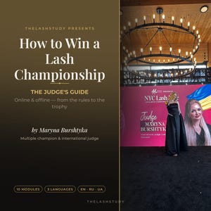 以下が含まれることがあります： Maryna Burshtyka著「How to Win a Lash Championship: The Judge's Guide」のデジタルブックカバー。ダークブラウンの背景に白い文字が配置され、ステージ上で黒いドレスを着た人物の写真がデザインされています。