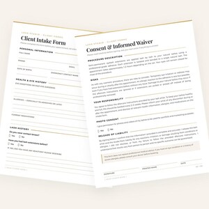 Peut inclure: Un formulaire d'admission client et un formulaire de consentement et de décharge de responsabilité pour un studio de cils sur deux pages blanches. Le texte est noir avec des lignes horizontales dorées et des sections d'informations.