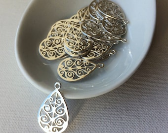 5 Or 10PCs Filigree Teardrop Antiqued Silver Plated Charm Pendants C1981-2