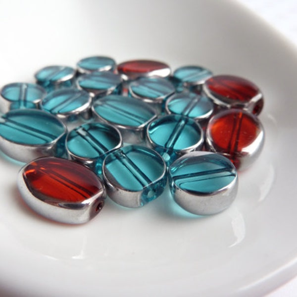 Window Cut Glass Beads,  Turquoise Aqua Red, Silver Side Polished Czech Glass Rounds