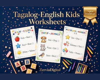 Fiches d'exercices tagalog-anglais pour enfants | Apprentissage bilingue 4-8 ans (Téléchargement numérique)