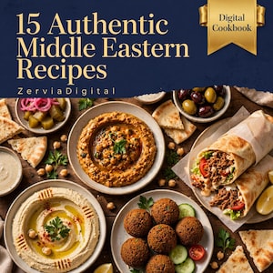 Può includere: Un ricettario digitale intitolato 15 Authentic Middle Eastern Recipes di ZerviaDigital. L'immagine mostra una selezione di piatti mediorientali, tra cui hummus, falafel, pane pita, olive, cetriolini e involtini di carne.