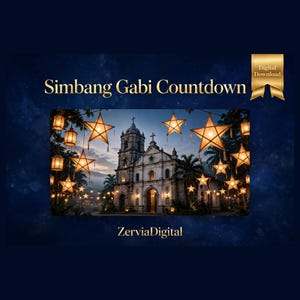 Puede incluir: Un gráfico digital titulado Simbang Gabi Countdown que muestra una iglesia de piedra iluminada por linternas brillantes en forma de estrella y luces colgantes. El texto ZerviaDigital aparece abajo con una cinta dorada Digital Download.