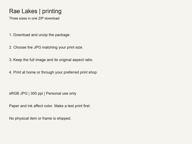Printing guide for the Rae Lakes digital download