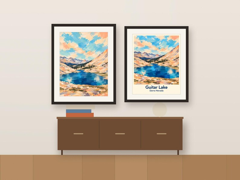 Colorful Guitar Lake artwork and its place-name poster, framed side by side above a wooden sideboard, shown as a room mockup