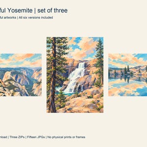 Colorful Half Dome, Tuolumne Falls and Yosemite Reflections artworks side by side