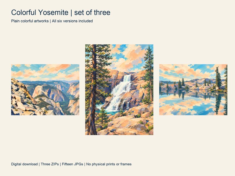 Colorful Half Dome, Tuolumne Falls and Yosemite Reflections artworks side by side