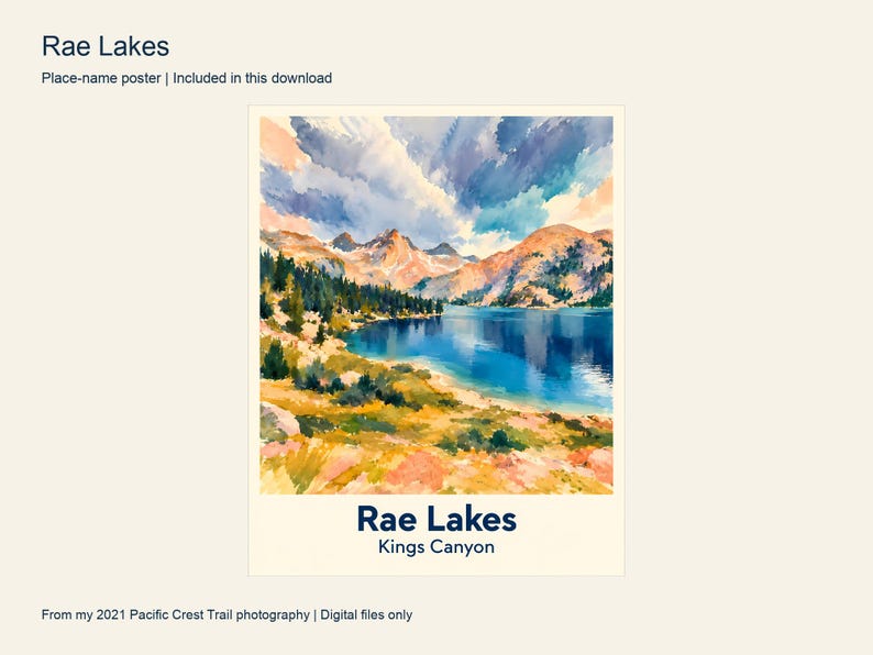 Rae Lakes place-name poster with a cream border