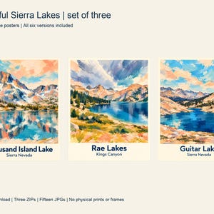 The three matching place-name posters for Thousand Island Lake, Rae Lakes and Guitar Lake