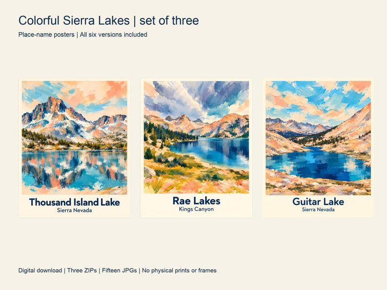 The three matching place-name posters for Thousand Island Lake, Rae Lakes and Guitar Lake