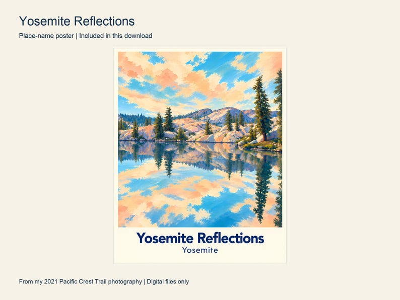 Yosemite Reflections place-name poster with a cream border