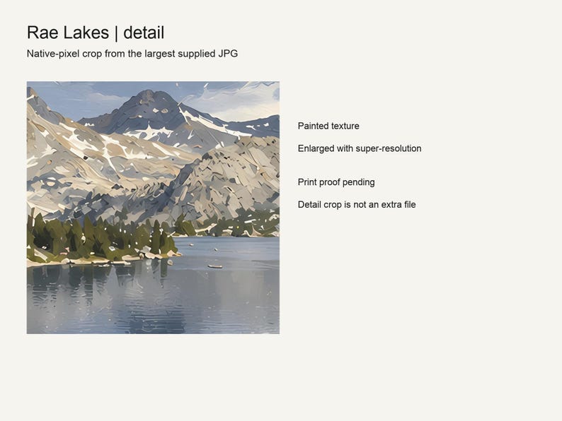 Close detail of the Rae Lakes artwork showing the painted clouds and granite