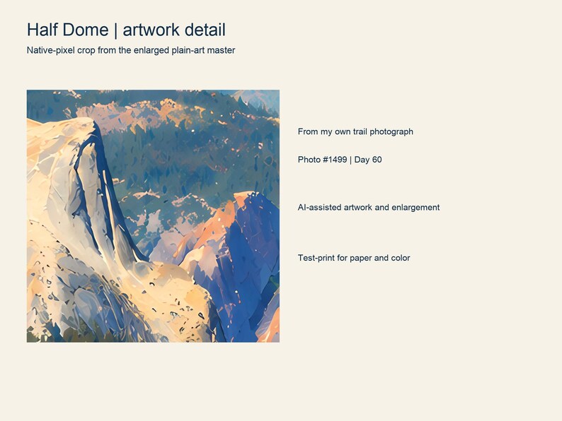 Close detail of the colorful Half Dome artwork showing its painted texture