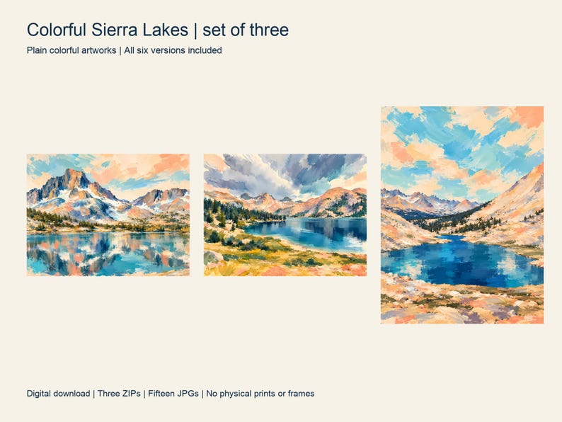 Colorful Thousand Island Lake, Guitar Lake and Rae Lakes artworks side by side