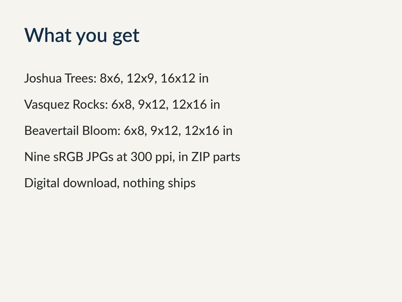 Sizes included for each painting
