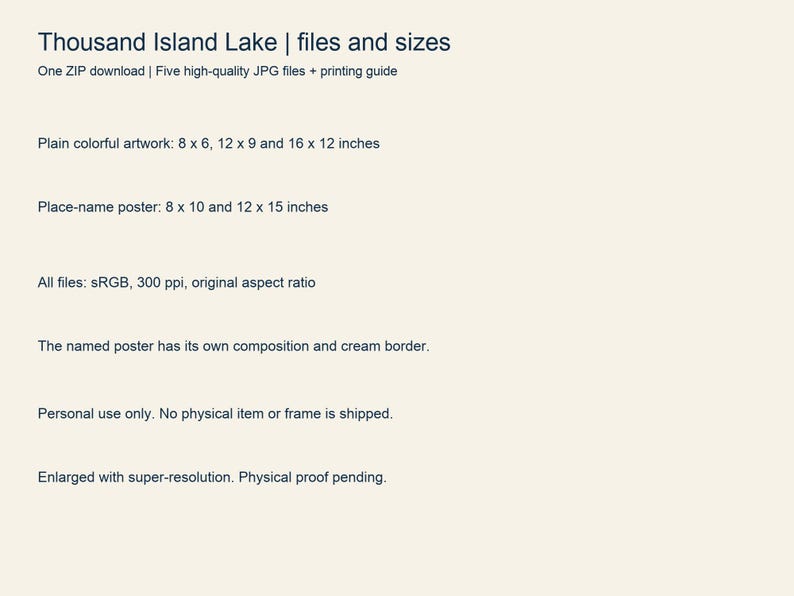 List of the five Thousand Island Lake JPG files and their print sizes