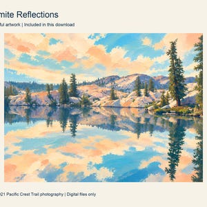 Pines and granite reflected in a still Yosemite lake, painted in turquoise and peach
